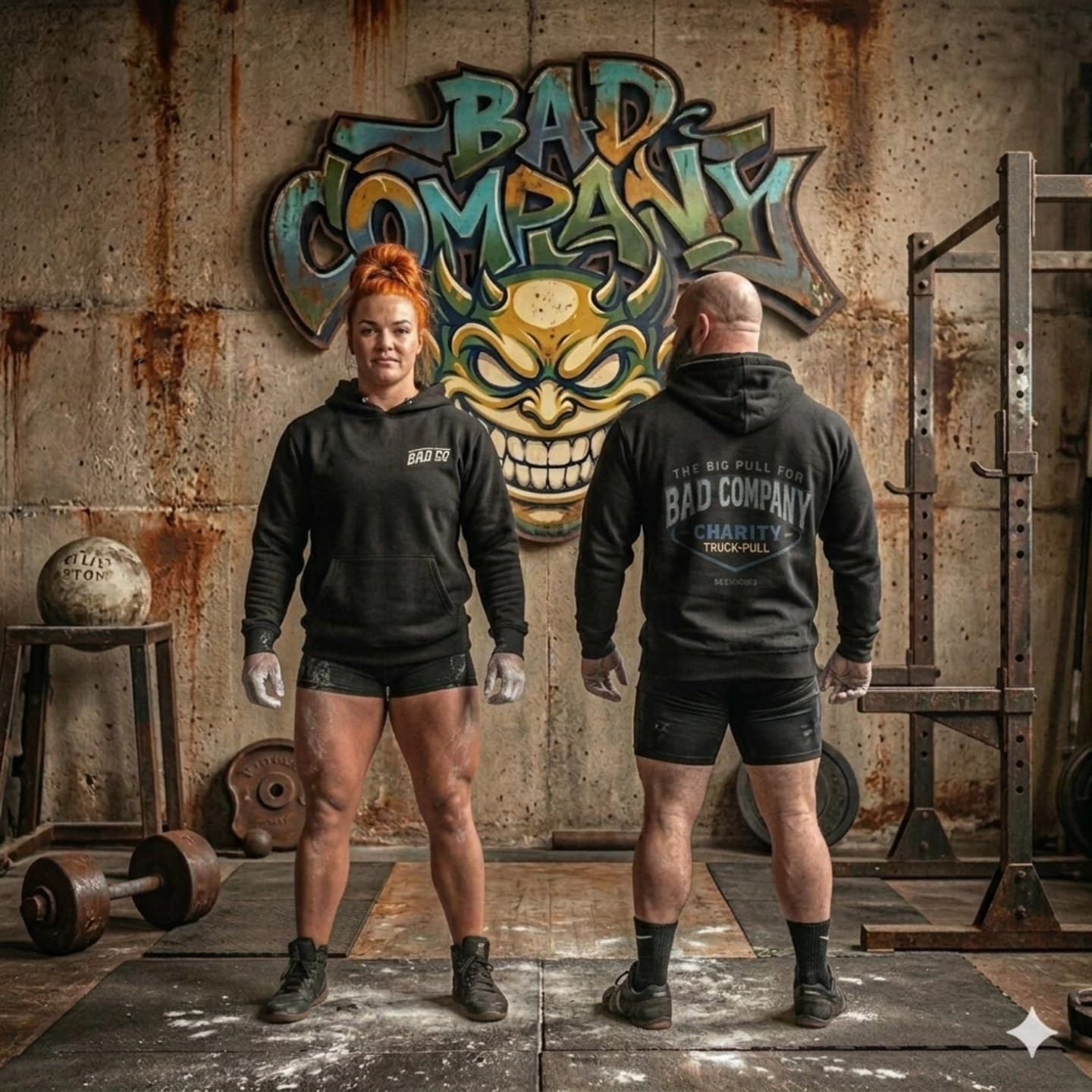 Bad Company athletes in front of the lion graffiti mural at the gym
